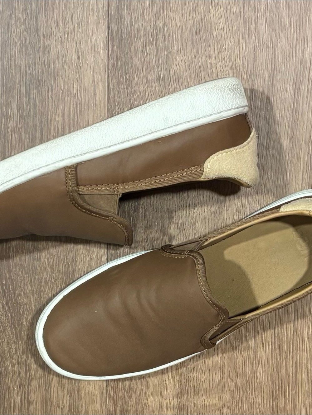 UGG Brown Leather Slip-On Sneakers with White Soles size 6.5